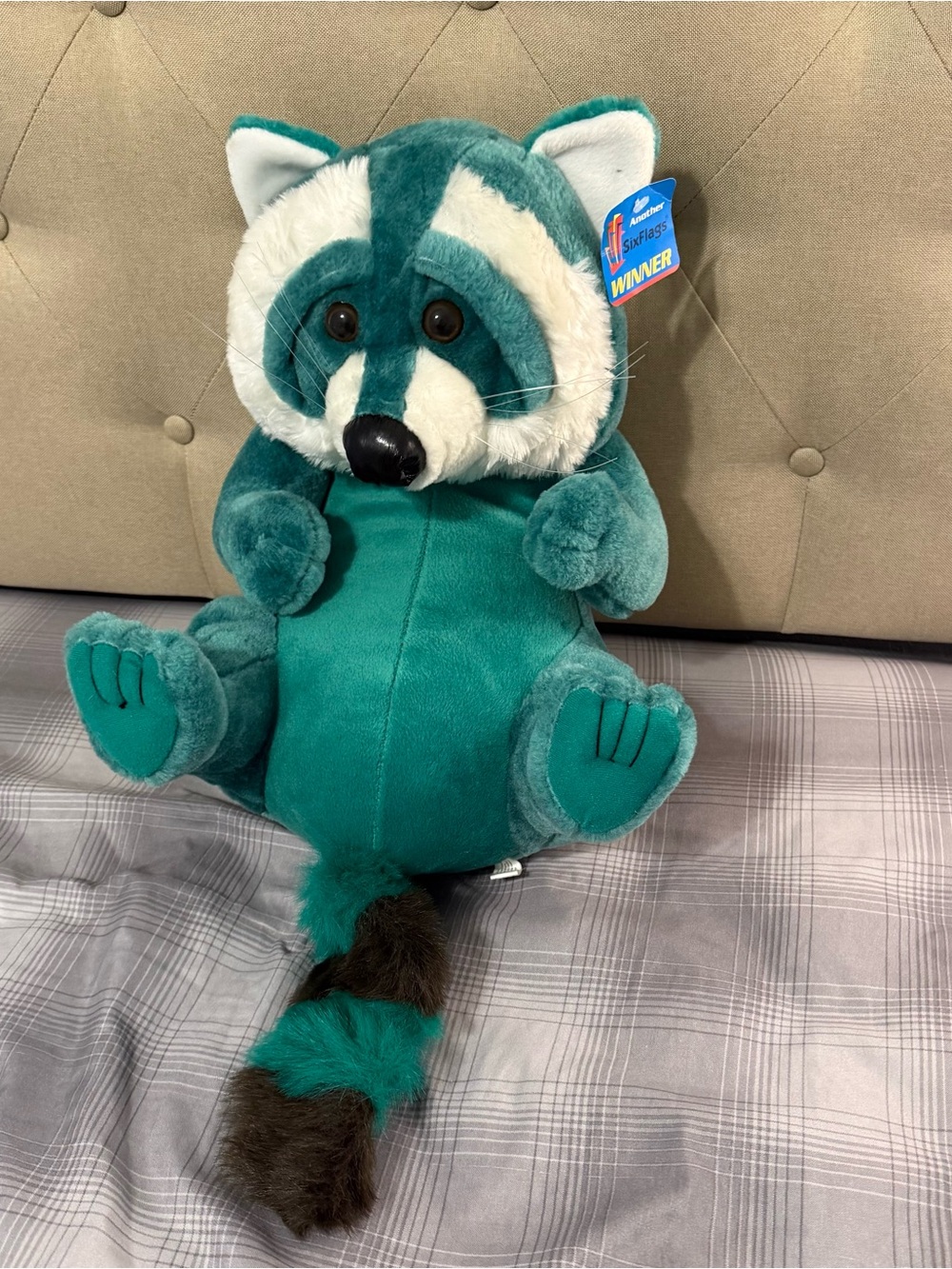 Six Flags Teal Plush Raccoon Stuffed Animal - Winner Prize Toy